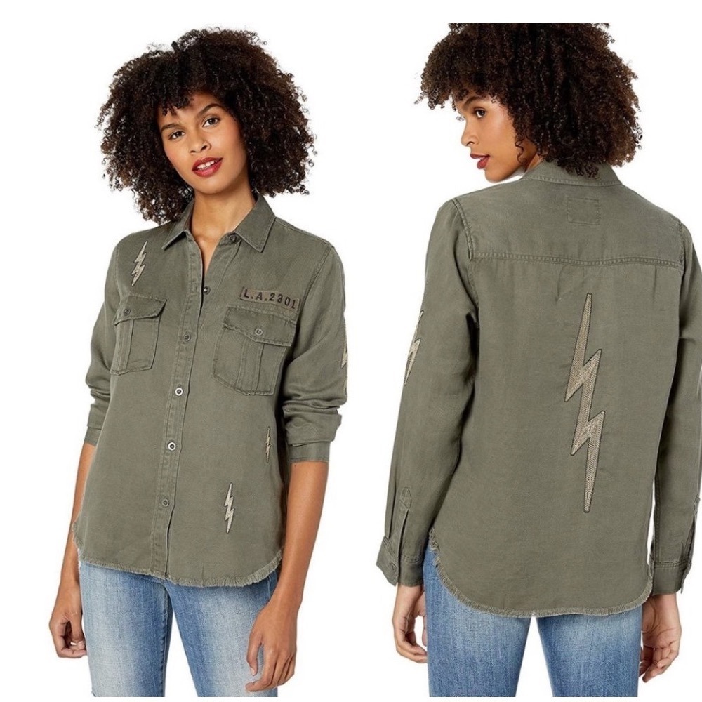Rails Loren Lightning Bolt Military Olive Green Button Down Jacket XS